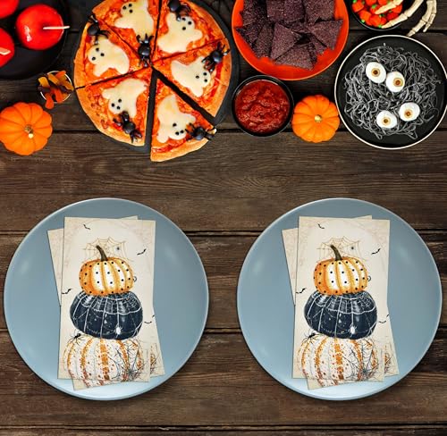 Halloween Guest Napkins Set - 100 Assorted Pumpkin, Bat & Web Designs, Disposable Party Tableware