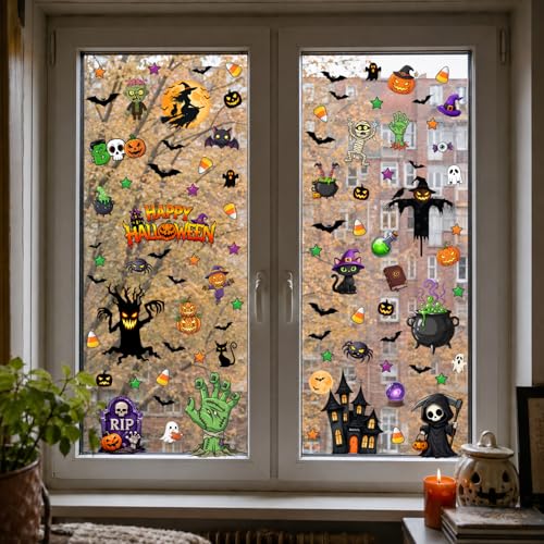 Halloween Window Clings Set Reusable Spooky Decals for Glass - Pumpkins Ghosts Bats