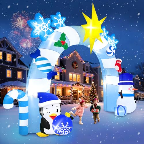 Christmas Blue Snowman Penguin Archway Inflatable - 16FT Winter Holiday Decor with LED Lights - Variation: Blue Snowman Penguin Archway