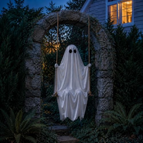 Large Hanging Swing Ghost with LED Lights - Outdoor Halloween Decor, 5 FT Spooky Ghost for Porch & Yard