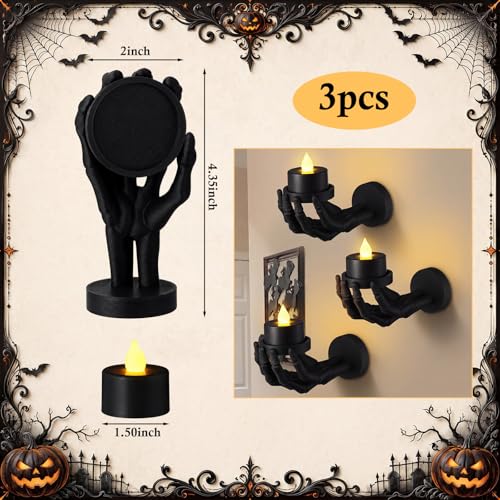 Halloween Skeleton Hand Wall Candle Holder Set - 3 Pieces with LED Candles - Goth Gothic Decor
