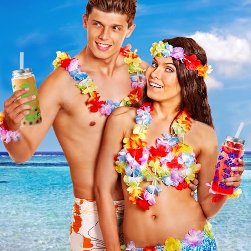 Hawaiian Hibiscus Party Cups with Lids and Straws – 30 Count, 13.5 oz Plastic Tumblers for Weddings and Celebrations