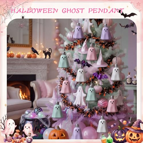 Pastel Halloween Ghost Hanging Ornaments - 36 Plastic Decorations, Ghost Variation