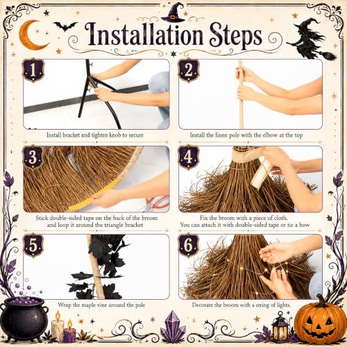 6ft Halloween Giant Witch Broom with Light-Up Rustic Farmhouse Decor