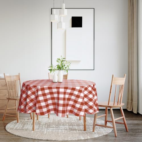 Waterproof Checkered Round Tablecloth 45 Inch - Rust & White, Spill-Resistant