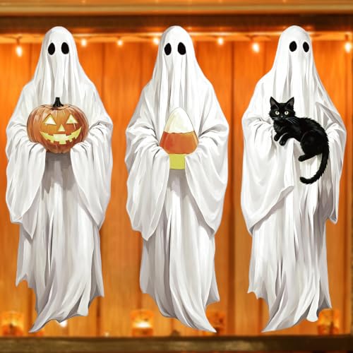 Halloween Ghost Window Clings - Spooky Reusable Stickers for Glass, 3 Pack - Black Cat & Pumpkin Decorations - Variation: Ghost