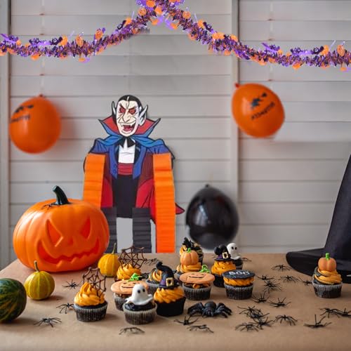Halloween Tinsel Garland Party Decorations - 33FT Orange Purple Black with Pumpkins & Bats - Indoor Outdoor Decor
