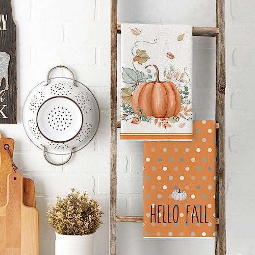 Orange Pumpkin Fall Kitchen Towels Set of 4 18x26 Inches - Soft & Absorbent