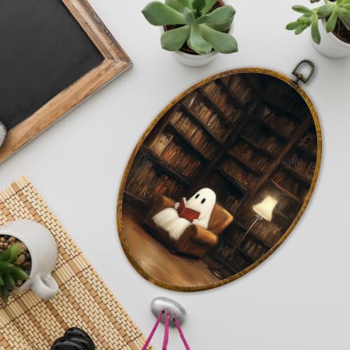 Halloween Ghost Reading Book Wall Art Framed Oval Decor - Color05