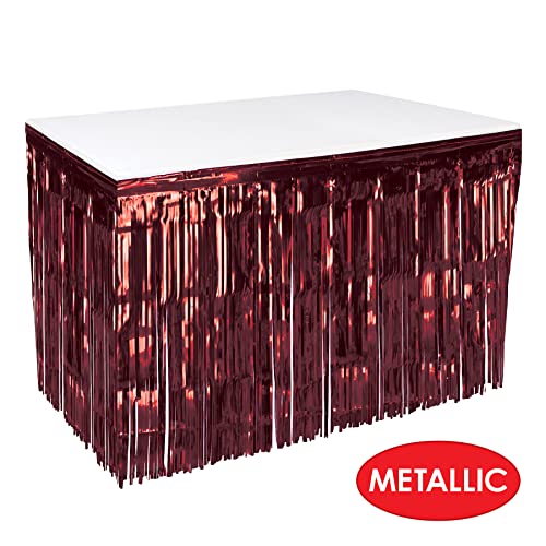 Burgundy Metallic Fringe Table Skirt - 30 x 14 Feet for Party Decorations