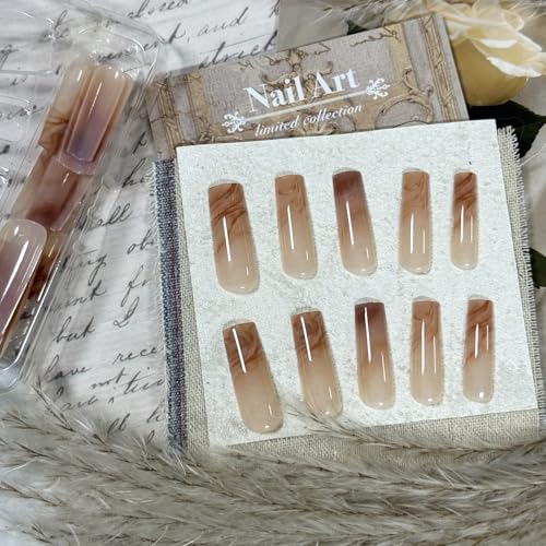IMRAIN Long Square Press On Nails - Brown Marble Gradient A-19 Variation 24 Pcs