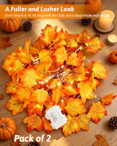 2 Pack Fall Maple Leaf Garland with Lights - 8 Lighting Modes Waterproof Battery Operated Decor