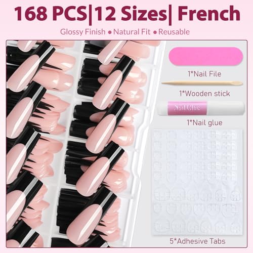 AddFavor 168pcs French Tip Press-On Nails Extra Long Square Nude Pink with Variation C