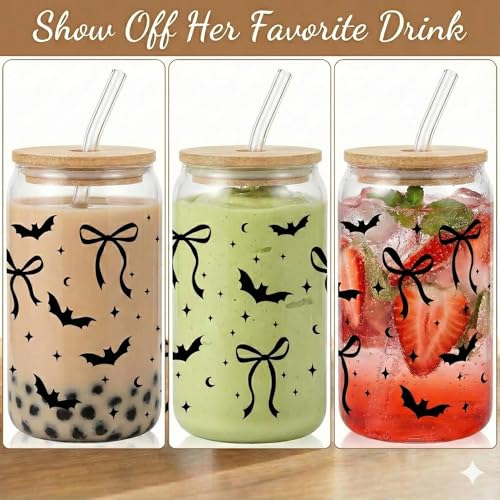 Halloween Glass Cup 16 Oz Bat Tumbler with Ghost Straw Topper - Black Bat Variation