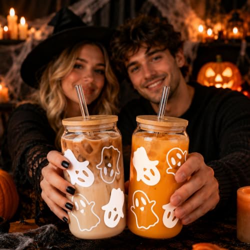 White Purple Ghost Glass Cups with Lids & Straws - Halloween Gift Set (2-Pack)