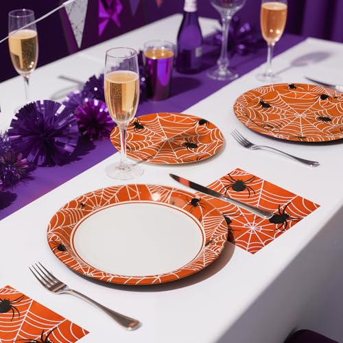 Halloween Party Decor Paper Plates & Napkins Set - Orange Spider Web Design for 25 Guests