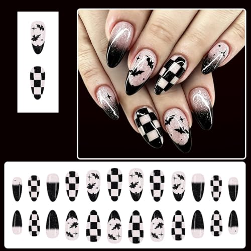 Halloween Fake Nails Black French Tip Almond Medium Press-On Nails - Design G9