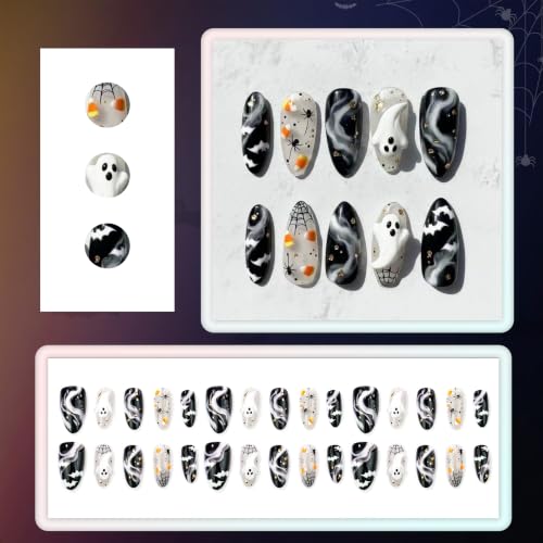 Halloween Press On Nails - Medium Almond Fake Nails with Black Spider Web and Ghost Design - Style01