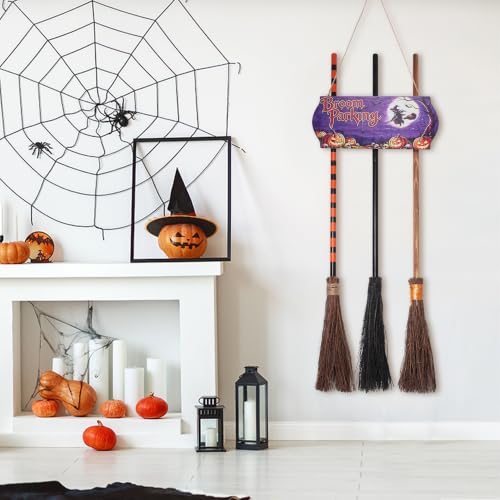 Halloween Wall Decor Broom Parking Sign with 3 Witch Brooms - Spooky Outdoor Indoor Halloween Decoration