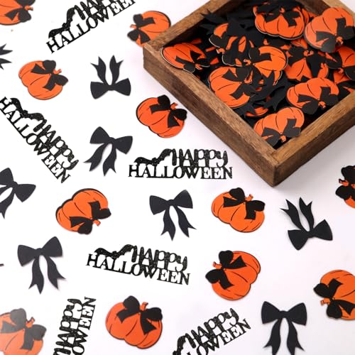Halloween Confetti - 200Pcs Black Bows Pumpkin & Happy Halloween Decorations