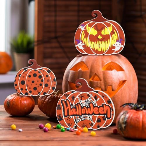 Vivid Medium Wooden Pumpkin Decorations Set for Halloween & Thanksgiving - Double-Sided Table Decor, 3 Pieces