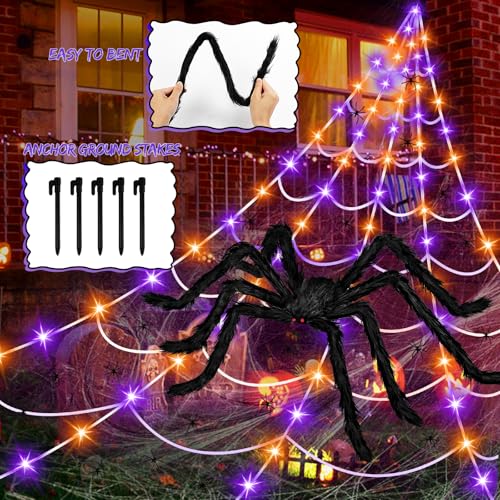 Halloween Spider Web Lights with Remote Control & Giant Spider - Outdoor Indoor Decor