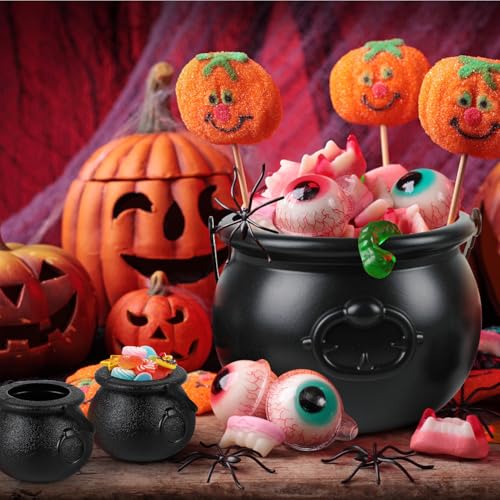Assorted Size Black Candy Cauldron Set - 8 Mini & 1 Large Halloween Buckets with Handles