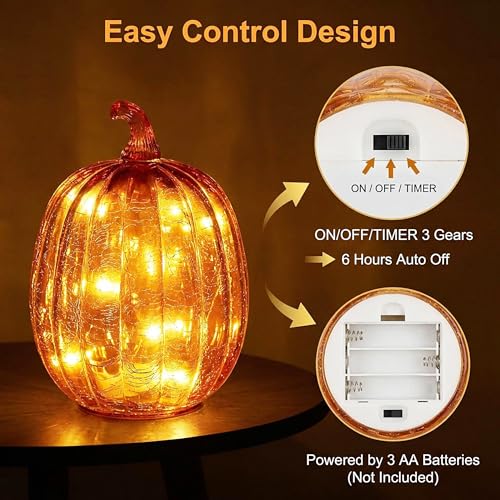 Gold Crackled Glass Pumpkin Lights with Timer - Fall Home Decor
