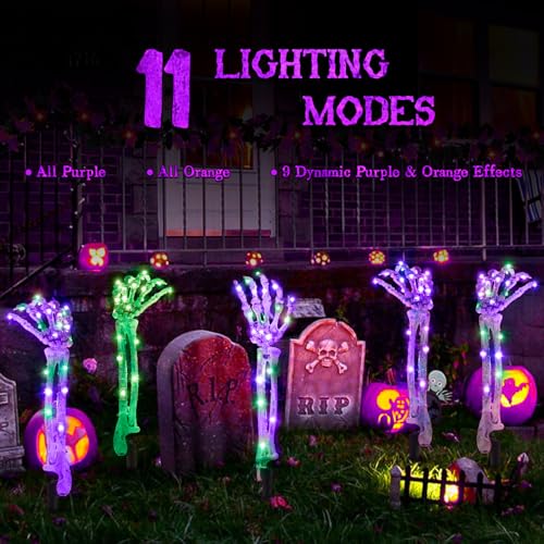 5-Pack Outdoor Halloween Skeleton Arm Stakes with Green & Purple LEDs - Solar Lighted Decor