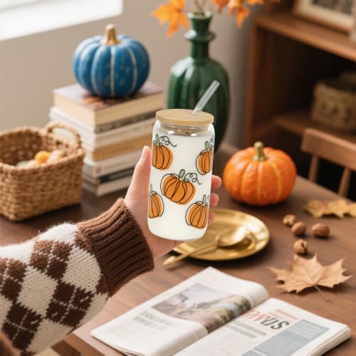 Fall Pumpkin Iced Coffee Glass Cup with Lid & Straw - 18oz Orange