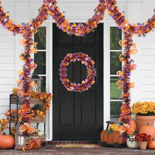 Halloween Tinsel Garland Decorations - Orange, Purple, Black with Pumpkins & Bats - 33 FT - Indoor Outdoor Festive Decor