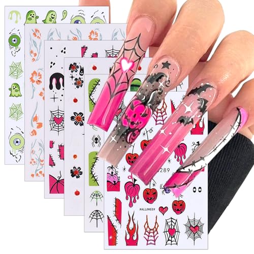 Halloween Nail Art Stickers Decals - 6 Sheets with Ghost, Pumpkin, Spider Web & Flame Designs - Variation 09