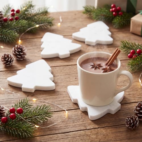 4pcs White Marble Christmas Tree Coasters - Holiday Drink Protectors with Silicone Feet - 4.7x3.9 Inches - Variation: White 2