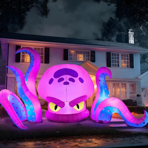 Purple Big-Headed Halloween Inflatable Octopus with LEDs - 10ft Yard Decor
