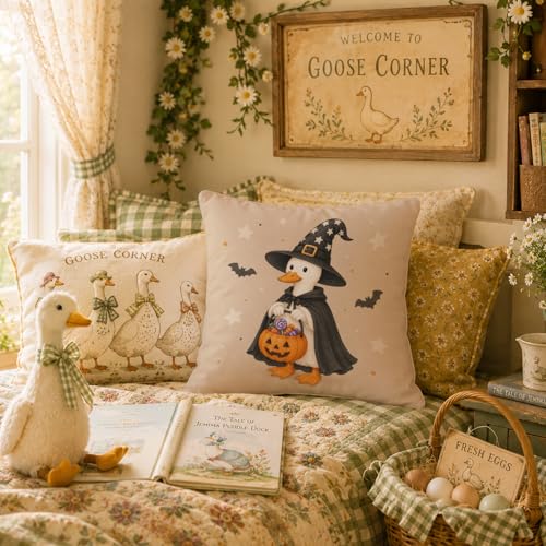 Halloween Witch Goose Throw Pillow Cover 18x18 - Magic Witch Goose Variation