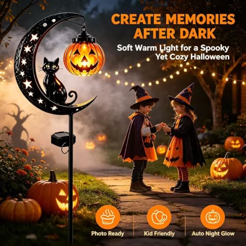 Solar Black Cat Pumpkin Moon Garden Stake Light Set - Outdoor Halloween Decor - Variation A