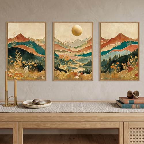 Boho Mountain Colorful Canvas Wall Art Set - 24x36 Inches, Framed, Variations Included