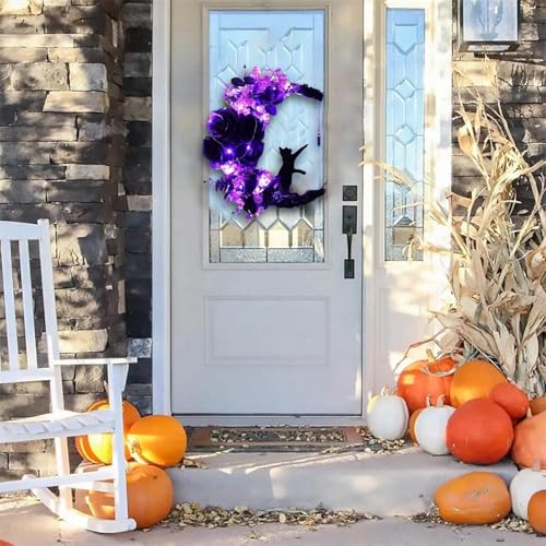 Halloween Wreath Decorations - Black Cat Half Moon Wreath with Lights - Purple Rose Variation