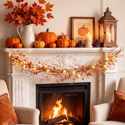 Orange Fall Garland with Lights - 5 ft Autumn Pumpkin & Berry Decor
