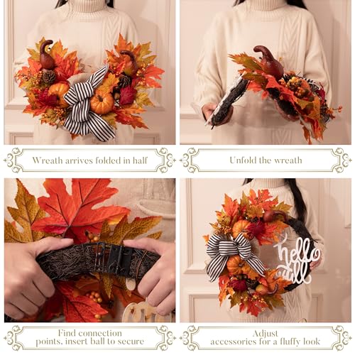Brown 22-Inch Collapsible Fall Wreath with Pumpkins and Lights - Rustic Door Decor