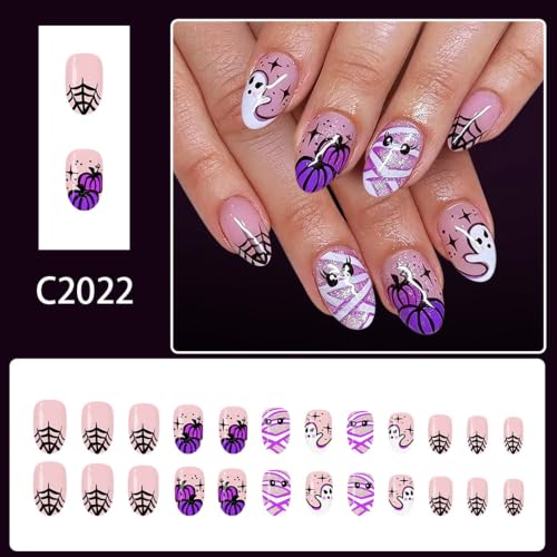 Halloween Press On Nails Short Almond Fake Nails with Ghost Pumpkin Spider Web Design - Q20 Variation