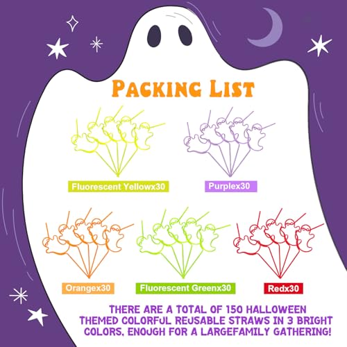 Halloween Ghost Reusable Drinking Straws - Bright Loop Design, 150 Pcs, Ghost & Bright Variations