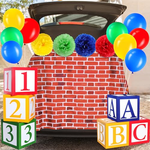 Halloween Trunk or Treat Car Decor Set with Brick Backdrop, ABC Boxes, Balloons & Flowers