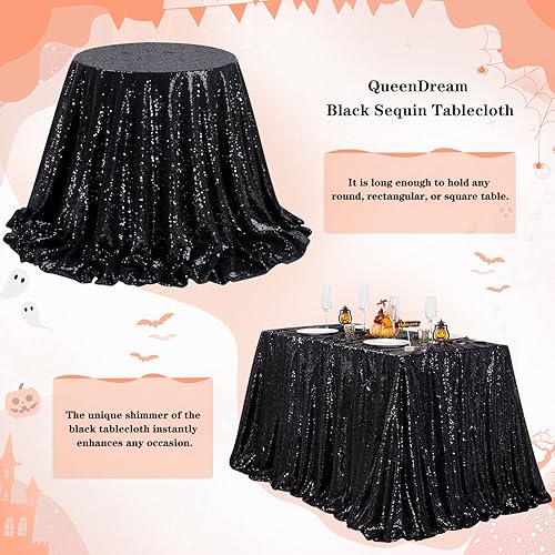 Black Sequin Tablecloth 90x132 Inch Rectangular Halloween Decor - QueenDream