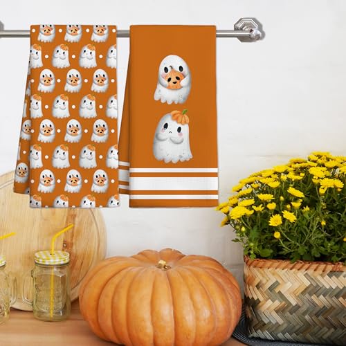 Halloween Kitchen Towel Set - Ghosts & Orange Bows, 2 Pack, Indoor Home Decor