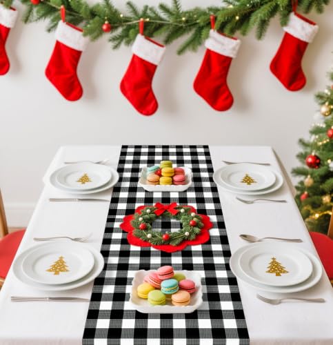 Black Gingham Table Runner - 6 Pcs Disposable Checkered Tablecloths 14x108 Inches - Party & Picnic Decor