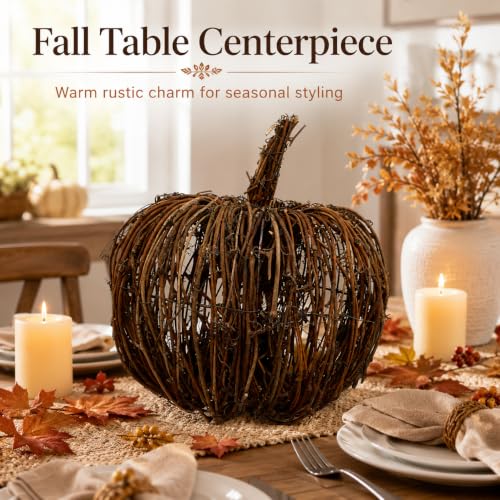 8 Inch Rattan Wicker Pumpkin Decor - Fall Halloween Seasonal Accent