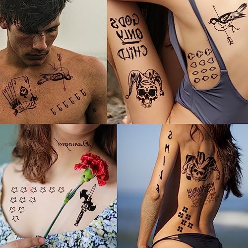 Halloween Joker Temporary Tattoos Sticker Set - Black, 4 Sheets for Men & Women