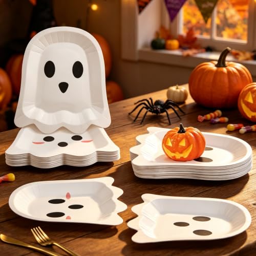 Halloween Ghost Paper Plates - White 9.84 Inch Disposable Party Dinnerware - 50 Pack