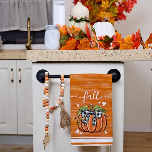 Pumpkin Fall Kitchen Towels Set of 2 - Black Ribbon Autumn Decor